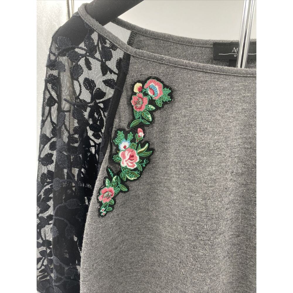 AGB Woman Gray Long Sleeve Black Lace Blouse Plus Sz 2X Floral Patches C1/B1 - Picture 2 of 5